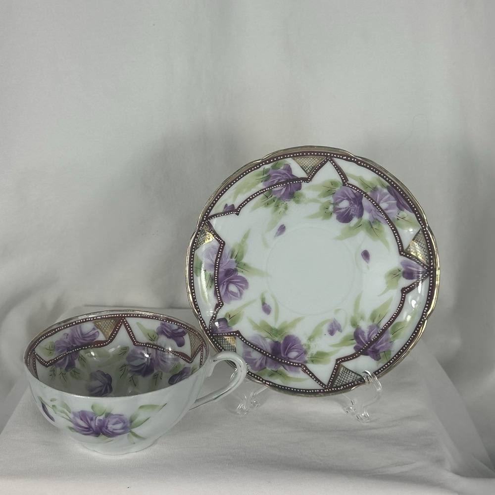 Antique Nippon Hand Painted Teacup Saucer Duo Purple Rose Moriage 1911 Morimura